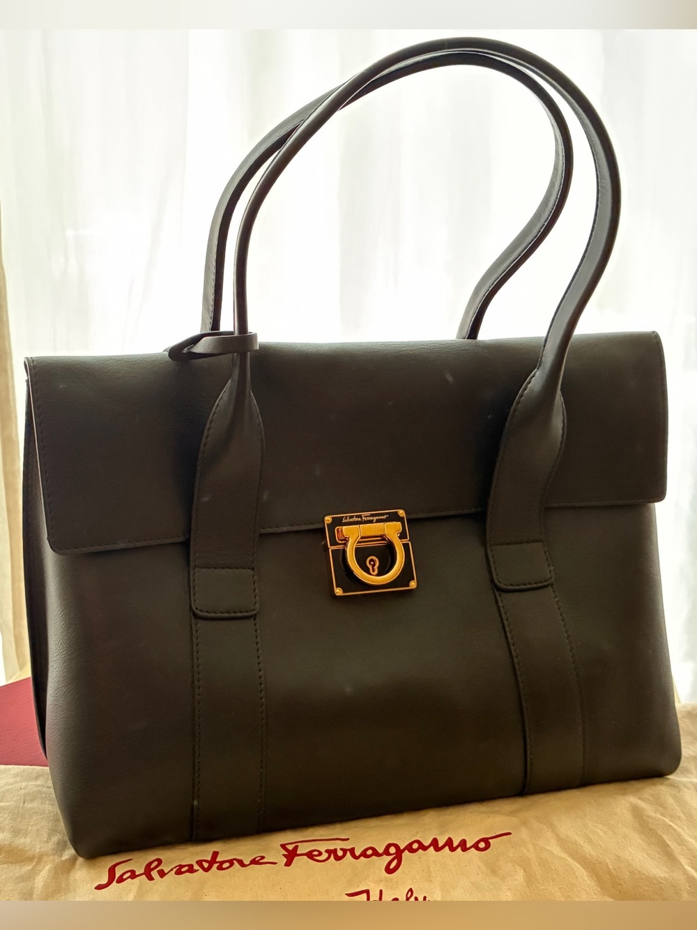 Salvatore Ferragamo Black Leather Double-Handle Satchel with Gold Hardware